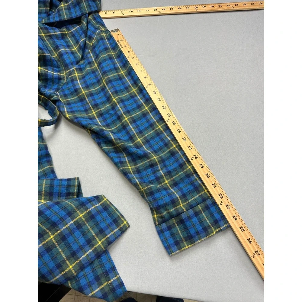 Lands End Mens Flannel Robe Blue Green Plaid Cotton Shawl Collar Belted Size M